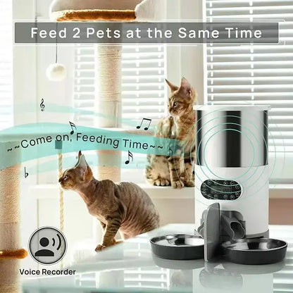 Smart APP pet feeder with automatic dispenser, Tuya remote control, and portion settings for small and medium-sized pets.