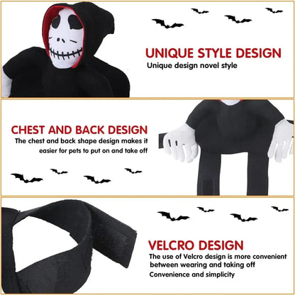 Dog wearing a soft white ghost costume for Halloween party fun.