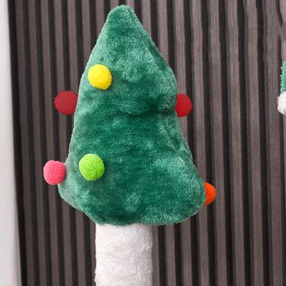 Christmas-themed cat climbing shelf with hammock and scratching post