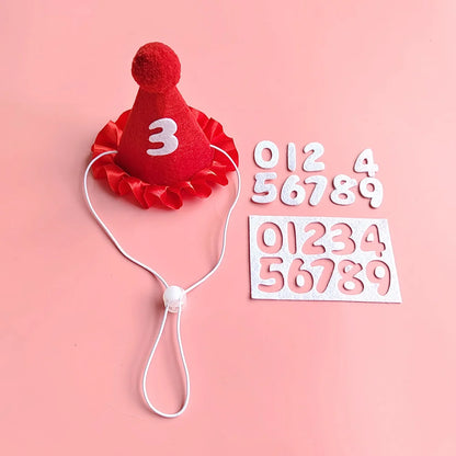 Small dog wearing birthday scarf and hat set for celebration or party