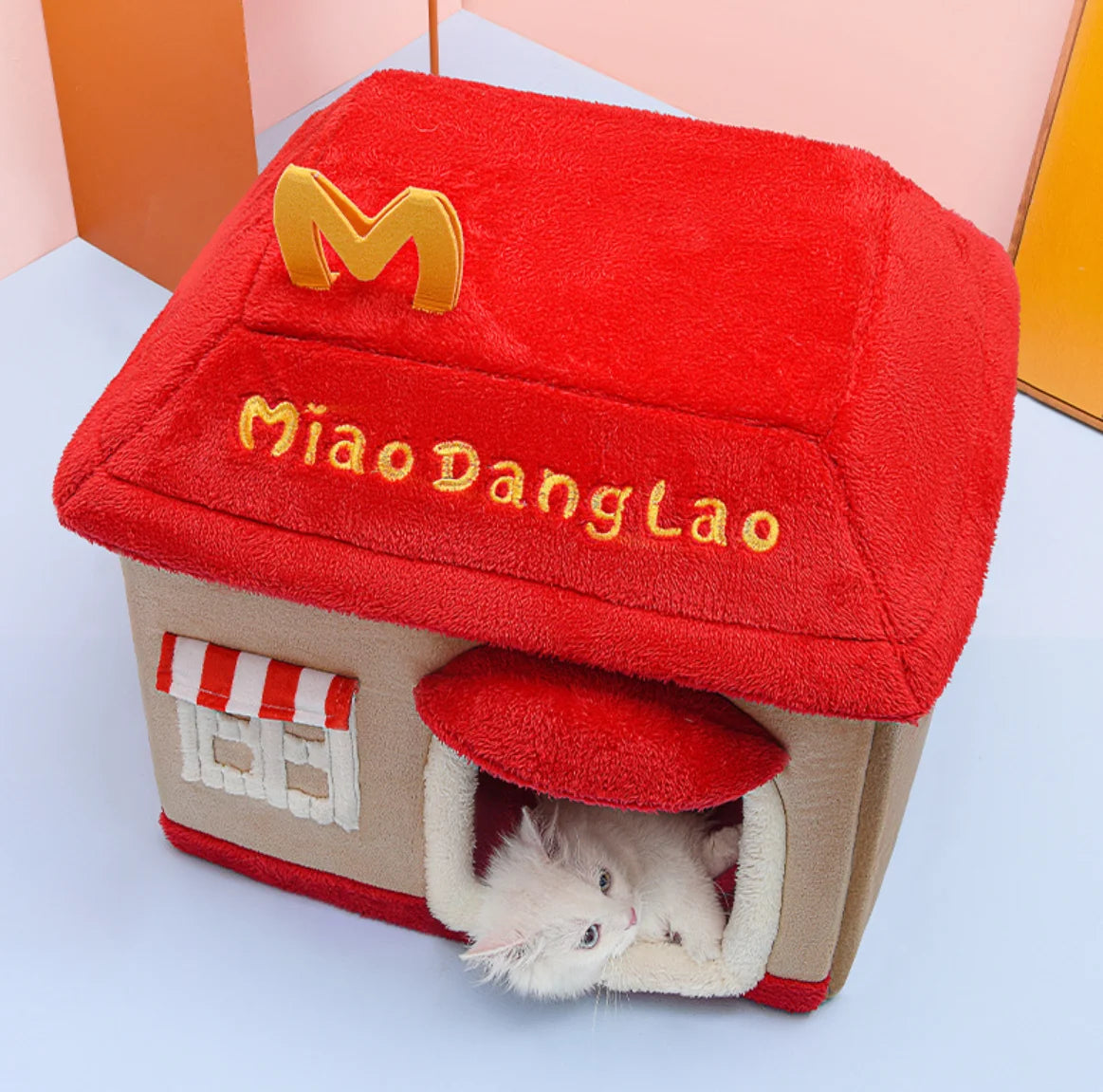 Removable enclosed pet cave for cats and small dogs, perfect as a winter dog house or cozy cat bed.