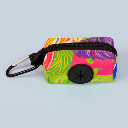 Colorful dog poop bag dispenser with leash clip and stylish print design