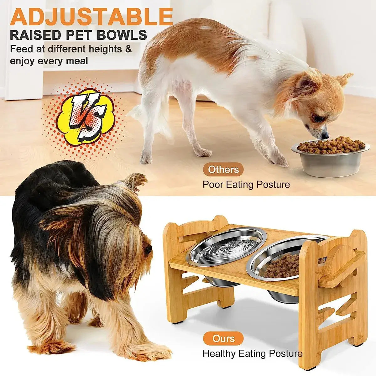 Elevated Pet Bowl for Small Dogs and Cats - Adjustable Tilted Bamboo Feeder with Stainless Steel Bowls.