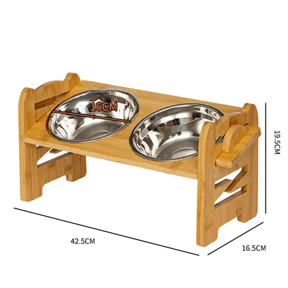 Adjustable elevated pet bowl for small dogs and cats with bamboo stand.