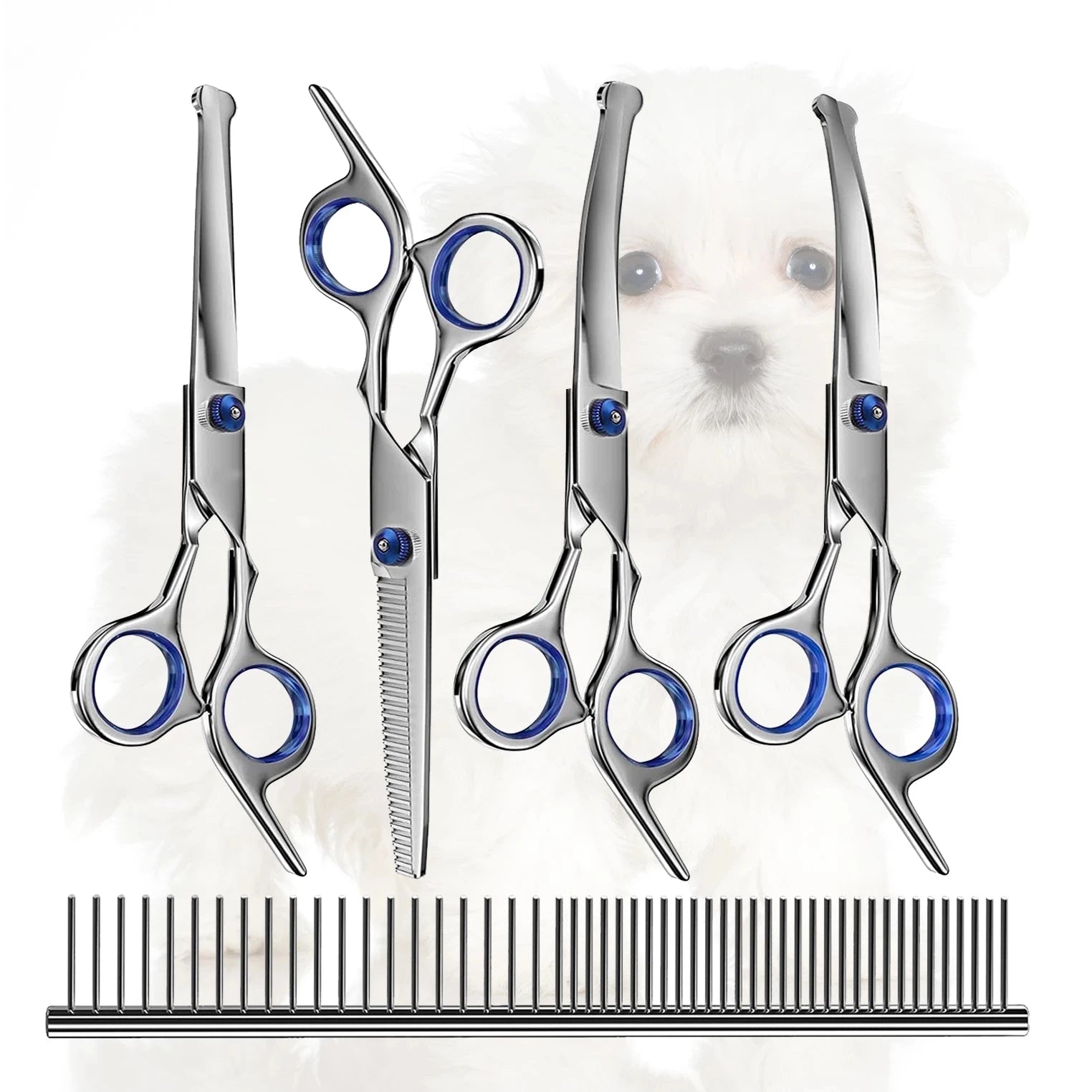 Professional pet grooming scissors set with stainless steel clippers and safety scissors for cats and dogs.