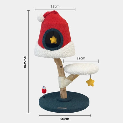 Christmas-themed American cat tree with climbing wall and sisal scratching posts