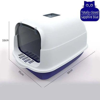 Fully enclosed cat litter box with two-way shovel access for odor control and easy cleaning