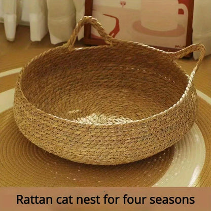 Handmade vine woven cat nest with detachable warmth pad for year-round comfort