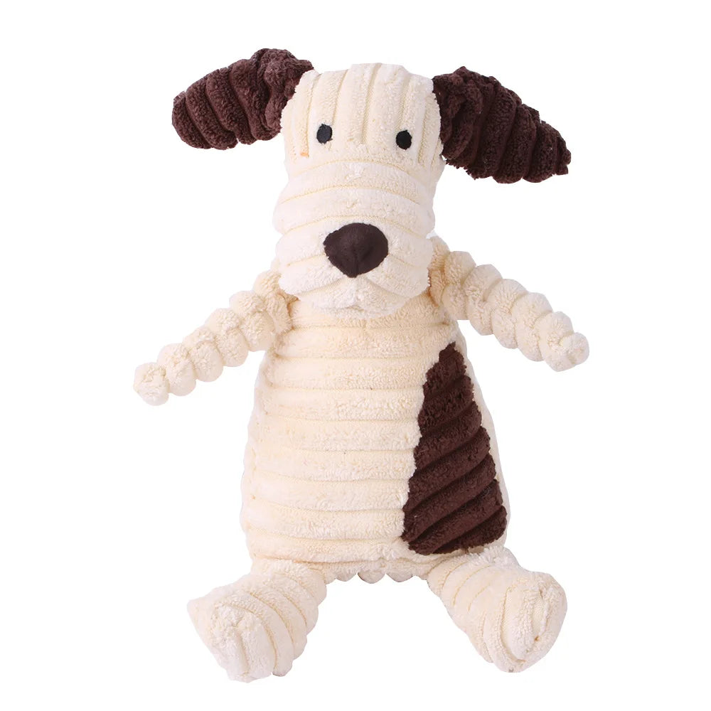 Plush dog toy in various animal shapes with squeaker, made from durable corduroy fabric, perfect for small and large dogs.