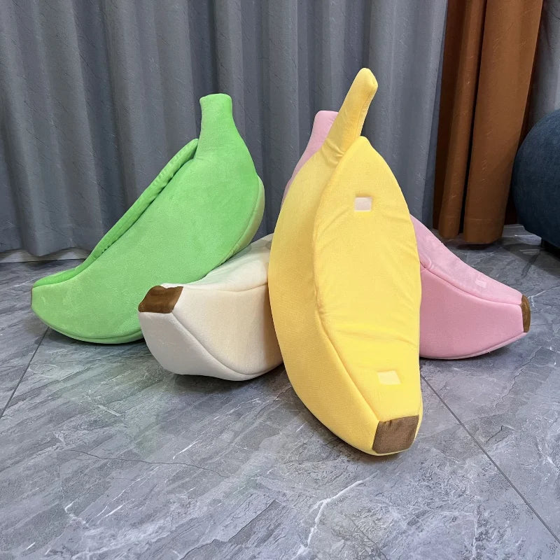 Large banana-shaped cat bed for warmth and comfort, ideal for cats and small dogs.