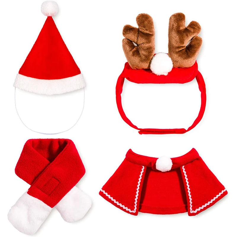 Cat Christmas costume set with reindeer antlers, Santa hat, red scarf, and pet cloak for holiday celebrations.