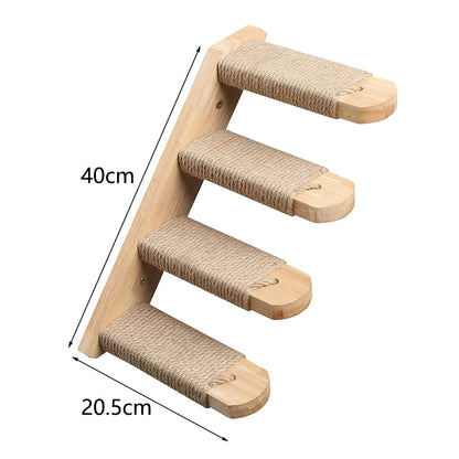 Wall-mounted cat shelf with sisal scratching posts and multi-level steps