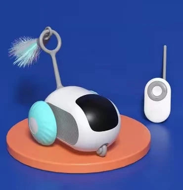 Interactive remote-controlled toy car for cats with feather teaser and USB charging.