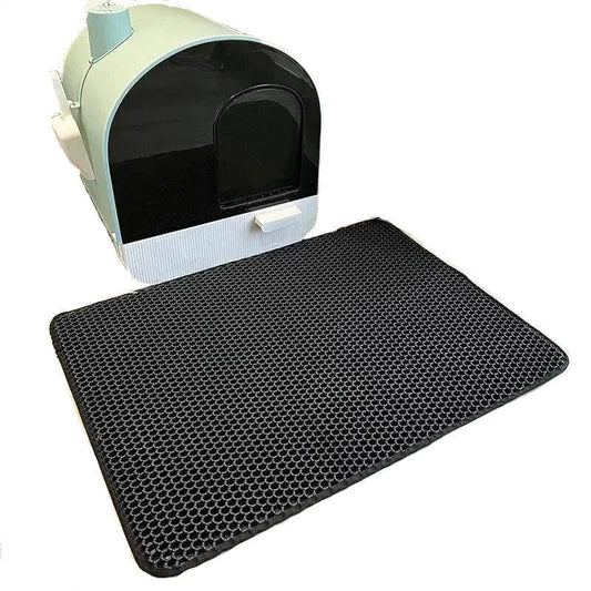 Double-layer waterproof cat litter mat in black, beige, pink, grey, blue, and brown, available in multiple sizes