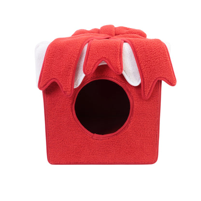 Christmas-themed cat bed shaped like a cozy holiday house for cats and small dogs