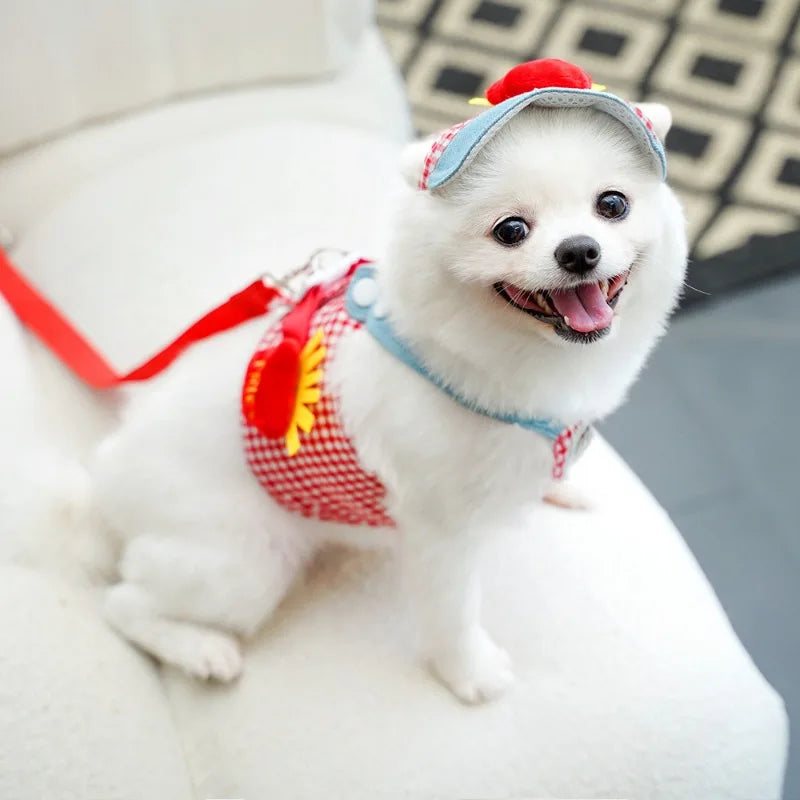 Fries-themed puppy harness set with matching hat and leash, ideal for small dogs on walks and outings.