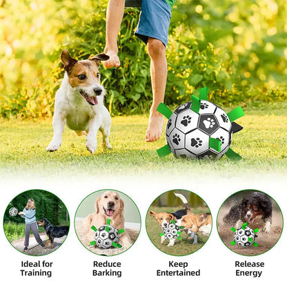 Durable dog soccer toy with high-stretch material for active play and chewing
