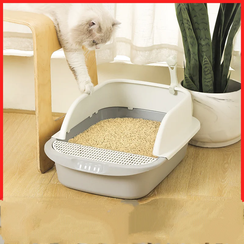 Large semi-enclosed cat litter box with high splash-guard border, available in blue, grey, and pink, designed for easy cleaning and odor control.