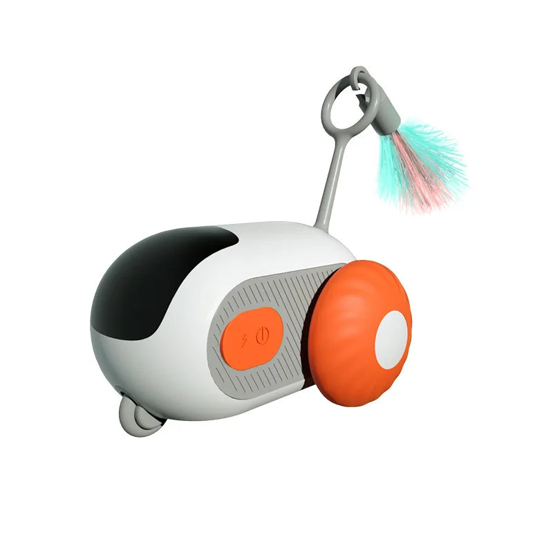 Interactive remote-controlled toy car for cats with feather teaser and USB charging.Training