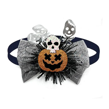 Dog wearing a cute pumpkin and skull Halloween bow tie for festive fun.
