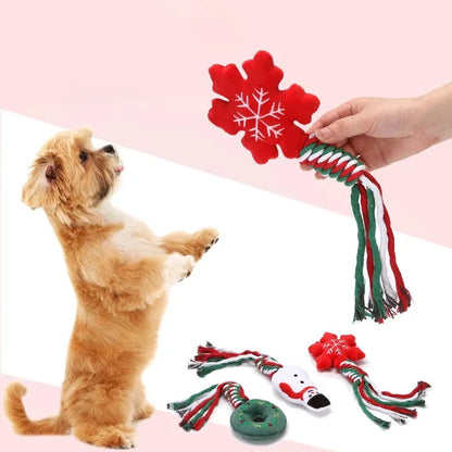 Christmas-themed squeaky dog toy with cotton rope knot for small dogs and puppies