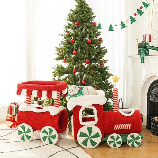 Christmas train-shaped cat climbing frame with cozy nest and platforms for play