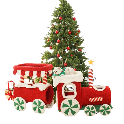 Christmas train-shaped cat climbing frame with cozy nest and platforms for play