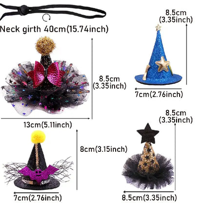Halloween witch and wizard hat costume for cats and small dogs with adjustable strap for a magical look.