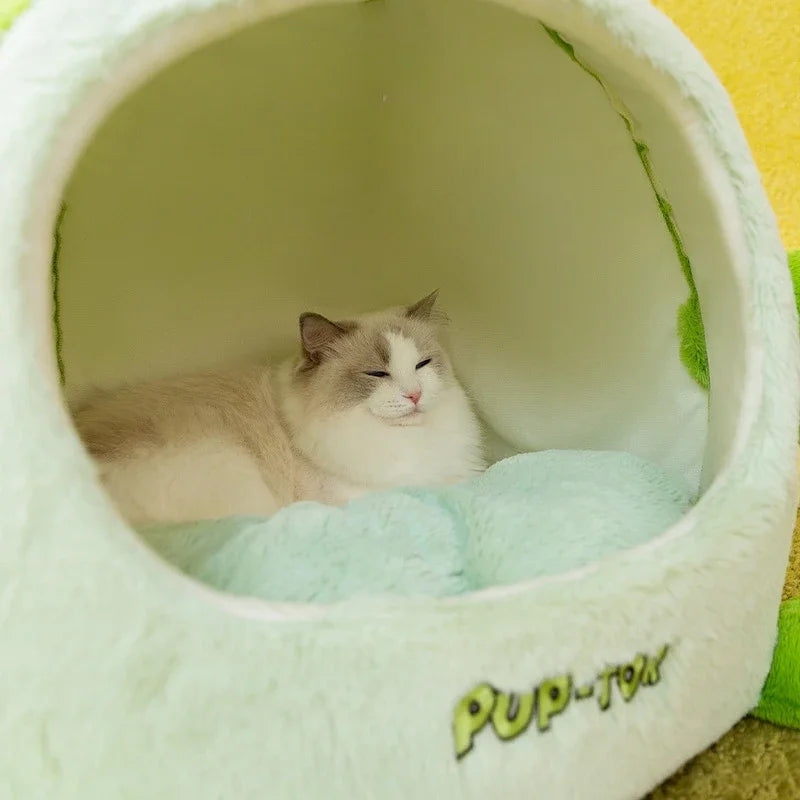 Plush semi-closed cat nest for warmth in winter, suitable for cats and small dogs.