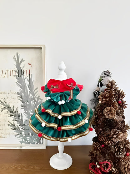 Cute and cozy Christmas princess dress for small dogs with bow and ruffled skirt