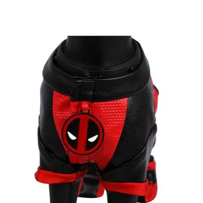 Pet dressed in Hot Movie Deadpool Cosplay Costume, a fun Dogpool outfit for Halloween and parties