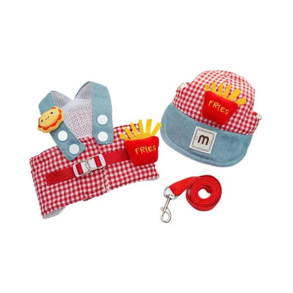 Fries-themed puppy harness set with matching hat and leash, ideal for small dogs on walks and outings.