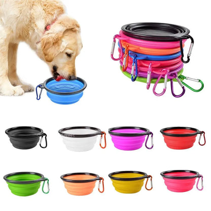 Collapsible silicone dog bowl for travel, camping, and hiking, lightweight and portable for outdoor pet feeding.