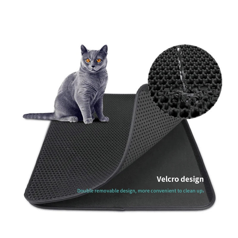 Double layer EVA cat litter mat with waterproof bottom, non-slip surface, and hexagonal holes for litter capture, ideal for maintaining a clean pet area.