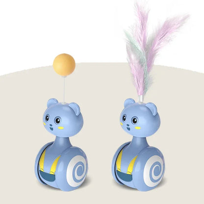 Interactive cat tumbler swing toy with feather wand and rotating ball