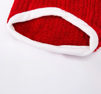 Large dog wearing red Christmas sweater for winter and holiday celebrations