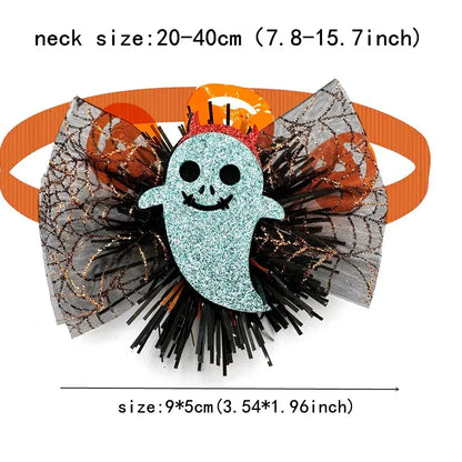 Dog wearing a cute pumpkin and skull Halloween bow tie for festive fun.