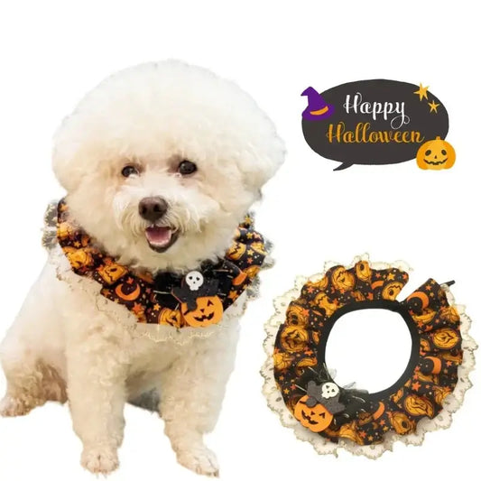 Pet Halloween pumpkin patterned scarf with adjustable collar for festive costume decoration.