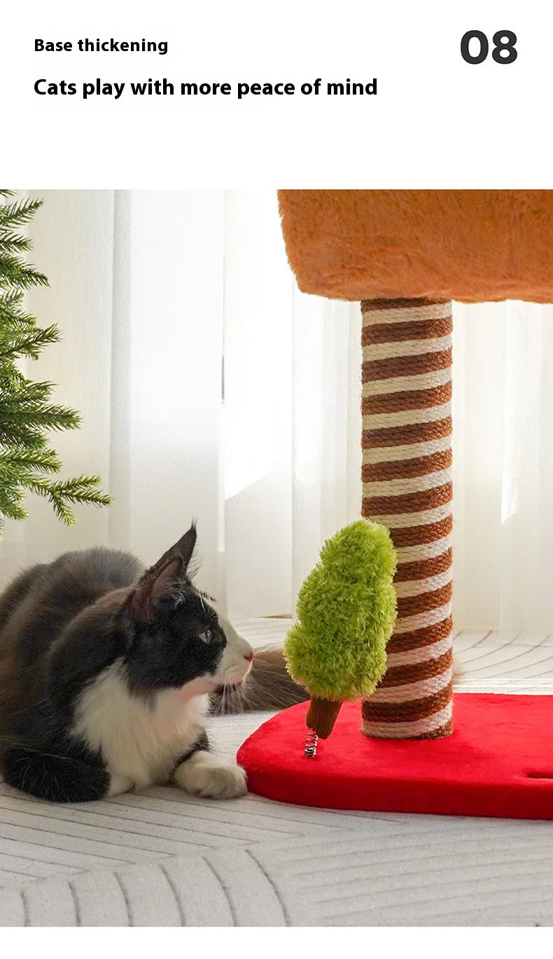 Christmas-themed cat climbing frame with cozy sleeping nest and sisal scratching posts.