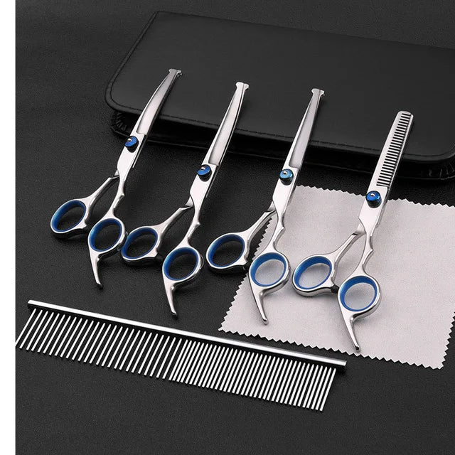 Professional pet grooming scissors set with stainless steel clippers and safety scissors for cats and dogs.