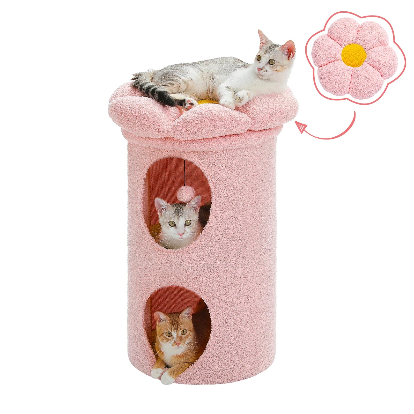 Double-deck cat house with cozy condos, luxury flower perch, and pompom ball for indoor cats.