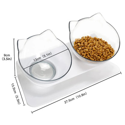Elevated non-slip cat bowl set with angled dual bowls for food and water