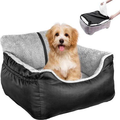 Dog car booster seat for large and medium dogs, featuring secure straps, reinforced oxford fabric, and cozy washable bed for comfortable travel.