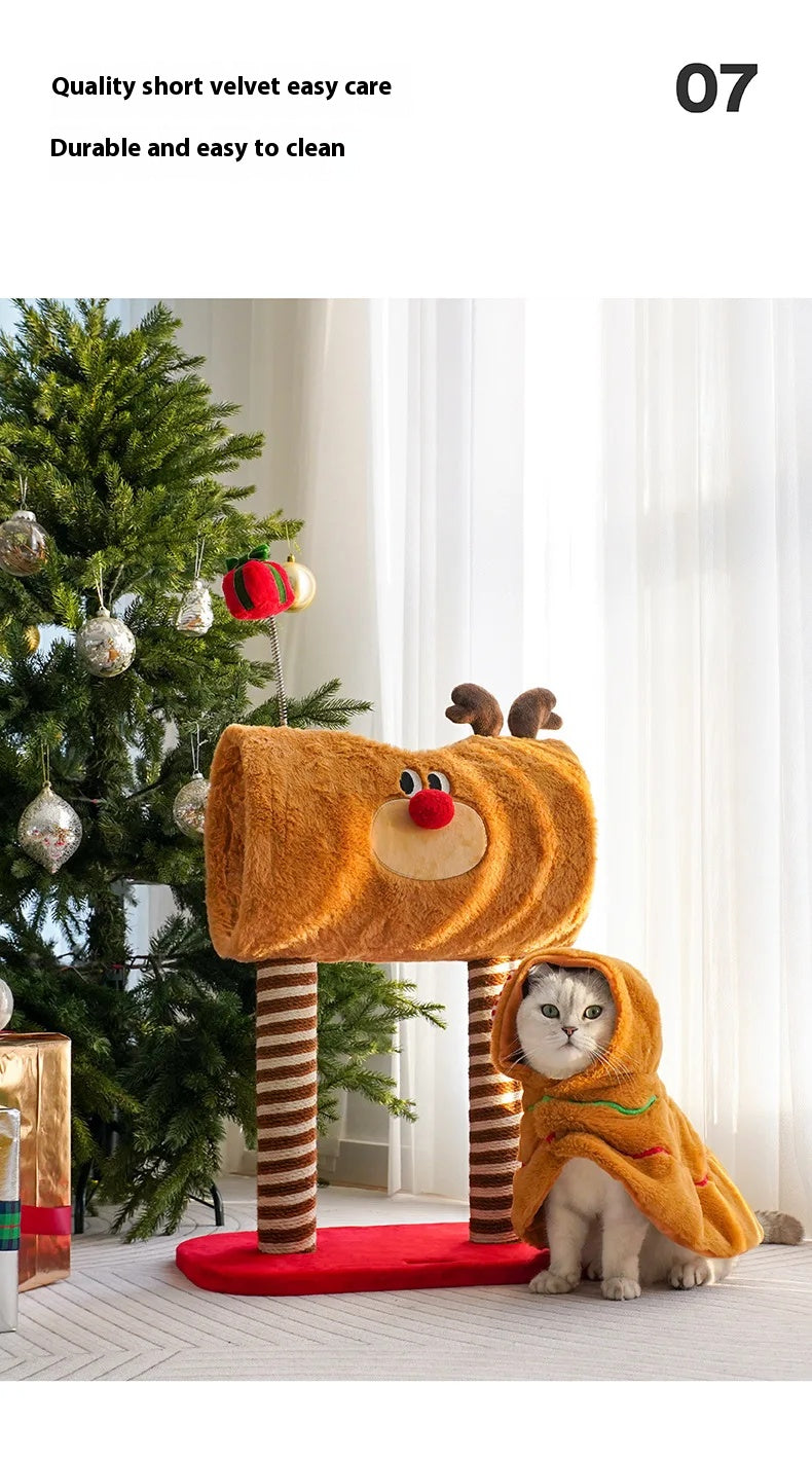 Christmas-themed cat climbing frame with cozy sleeping nest and sisal scratching posts.