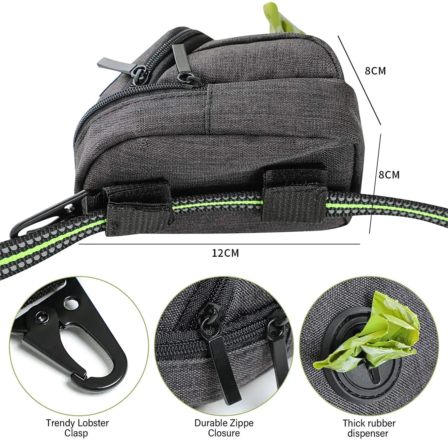 Portable pet dog treat pouch and poop dispenser for training and outdoor travel.