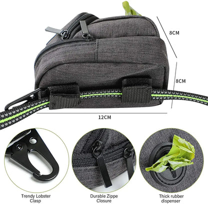 Multifunctional dog training pouch with treat storage and built-in poop bag dispenser, ideal for walking and outdoor training.
