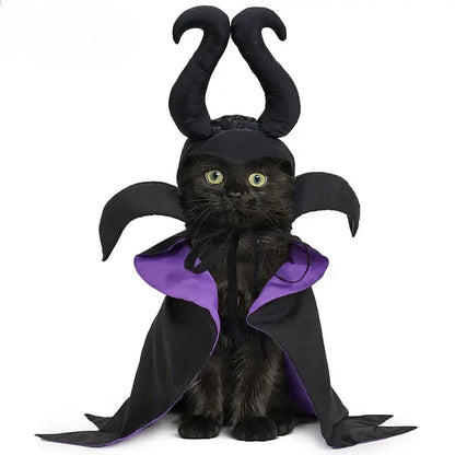 Maleficent-inspired Halloween cape and hat set for dogs and cats, perfect for spooky celebrations.