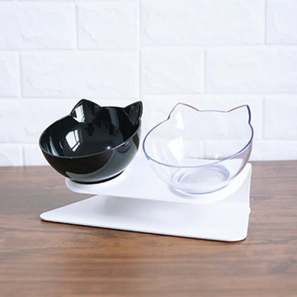 Elevated non-slip cat bowl set with angled dual bowls for food and water