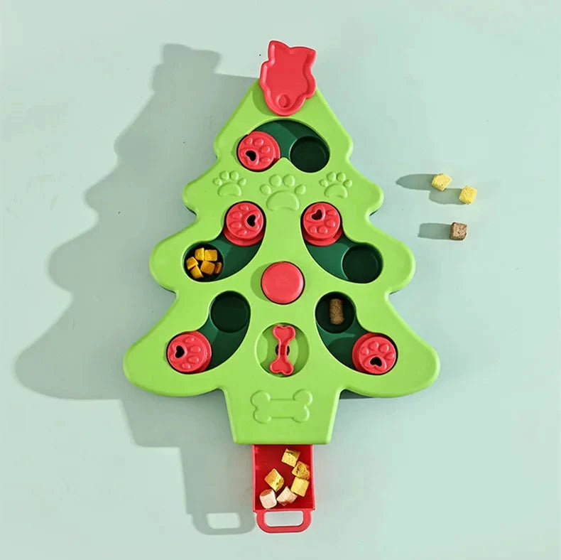 Christmas tree-shaped slow feeder bowl for cats and dogs, interactive puzzle design with a non-slip base.