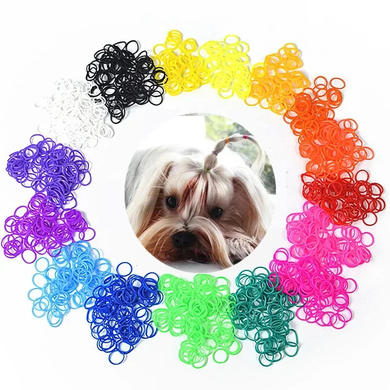 Colorful pet grooming rubber bands for DIY hair bows and accessories, perfect for all dog breeds.